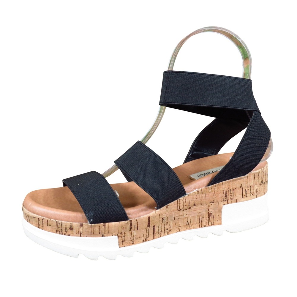 Steve Madden Bandi Women Platform Wedge Sandal 6M Lifestyle Black Cork BAND02S1